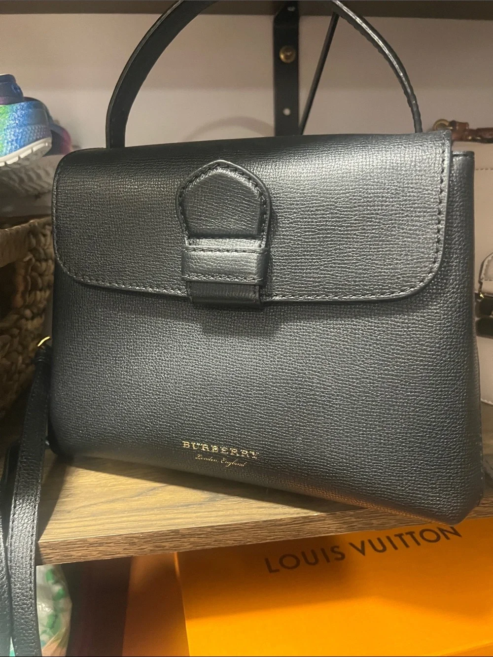 Burberry Black Leather Top-Handle Satchel with Gold Logo